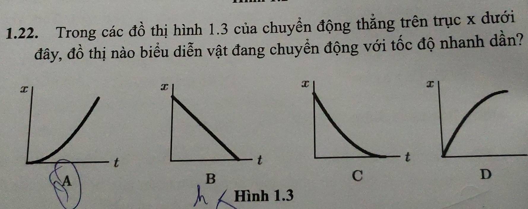 Trong các đồ thị hình 1.3 của chuyển động thẳng trên trục x dưới 
đây, đồ thị nào biểu diễn vật đang chuyển động với tốc độ nhanh dần?
x
t
B
C
Hình 1.3