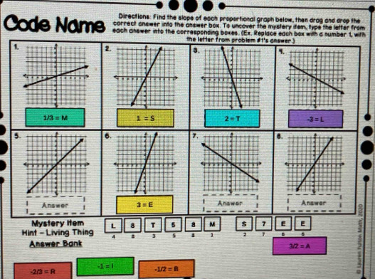 Directions: Find the slope of each proportional graph below, then drag and drop the 
correct answer into the answer box. To uncover the mystery item, type the letter from 
Code Name each answer into the corresponding boxes. (Ex, Replace each box with a number 1, with 
the letter from problem #1's answer.) 
1 
2 
3 
4
1/3=M 1=S 2=T -3=L
5
6
7
3 
Answer 3=E Anawer Anawer 
Mystery Item L 8 T 5 8 M s 7 E E 
Hint - Living Thing 4 8 3 5 1 2 7 B 
Answer Bank
3/2=A
-1=1 -1/2=8
-2/3=R