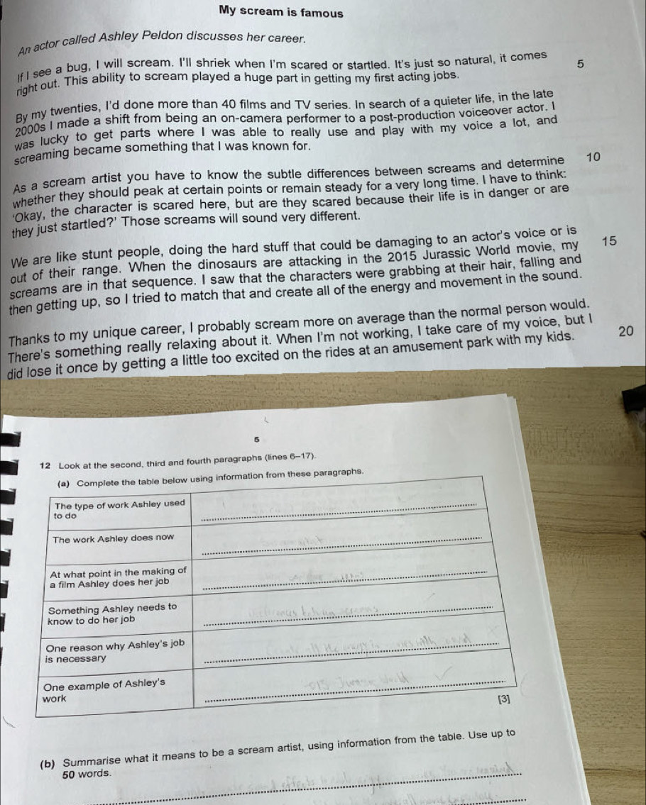 My scream is famous 
An actor called Ashley Peldon discusses her career. 
If I see a bug, I will scream. I'll shriek when I'm scared or startled. It's just so natural, it comes 5
right out. This ability to scream played a huge part in getting my first acting jobs. 
By my twenties, I'd done more than 40 films and TV series. In search of a quieter life, in the late 
2000s I made a shift from being an on-camera performer to a post-production voiceover actor. I 
was lucky to get parts where I was able to really use and play with my voice a lot, and 
screaming became something that I was known for. 
As a scream artist you have to know the subtle differences between screams and determine 10
whether they should peak at certain points or remain steady for a very long time. I have to think: 
Okay, the character is scared here, but are they scared because their life is in danger or are 
they just startled?' Those screams will sound very different. 
We are like stunt people, doing the hard stuff that could be damaging to an actor's voice or is 
out of their range. When the dinosaurs are attacking in the 2015 Jurassic World movie, my 15
screams are in that sequence. I saw that the characters were grabbing at their hair, falling and 
then getting up, so I tried to match that and create all of the energy and movement in the sound. 
Thanks to my unique career, I probably scream more on average than the normal person would. 
There's something really relaxing about it. When I'm not working, I take care of my voice, but I 
did lose it once by getting a little too excited on the rides at an amusement park with my kids. 20
5
12 Look at the second, third and fourth paragraphs (lines 6-17). 
e paragraphs. 
(b) Summarise what it means to be a scream artist, using information from the table. Use up to
50 words._ 
_