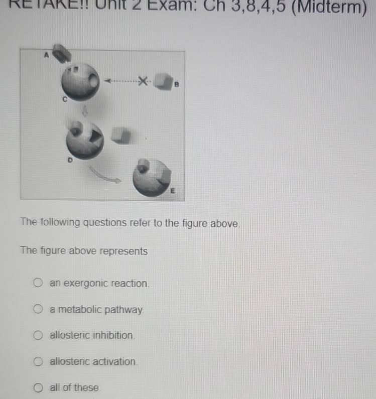 RETAKE!! Uhit 2 Exam: Ch 3, 8, 4, 5 (Midterm)
The following questions refer to the figure above.
The figure above represents
an exergonic reaction
a metabolic pathway.
allosteric inhibition.
allosteric activation.
all of these