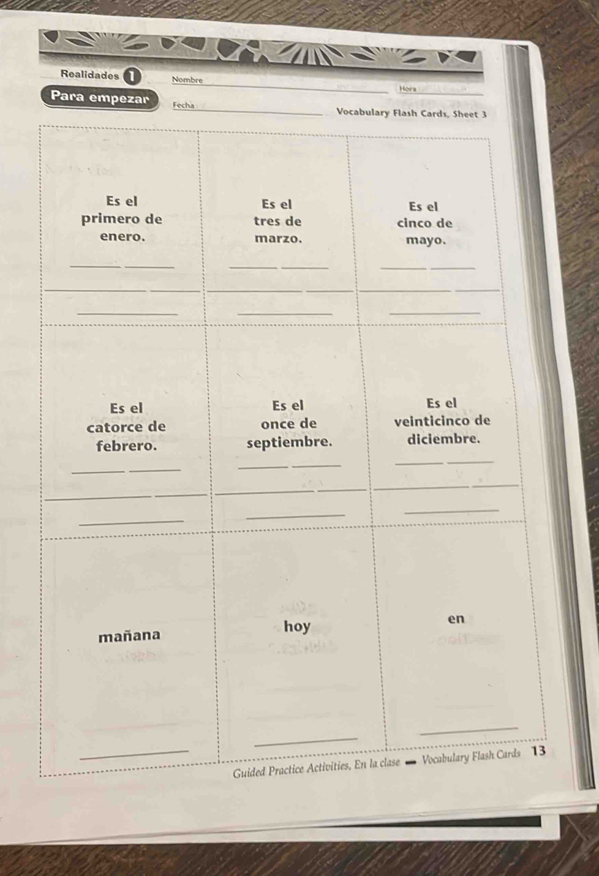 Realidades 1 Nombre 
Hora 
Para empezar Fecha