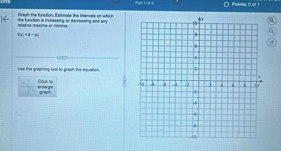 ons Part 1 of 5 Points: 0 of 1 
Graph the function. Estimate the intervals on which 
the function is increasing or decreasing and any 
relative maxima or minima.
f(x)=8-|x|
C 
Use the graphing tool to graph the equation. 
Click to 
enlarge 
graph