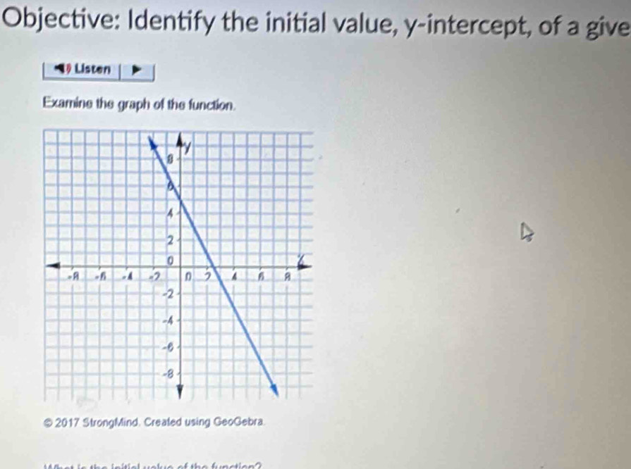 Objective: Identify the initial value, y-intercept, of a give 
Lý Listen 
Examine the graph of the function. 
# 2017 StrongMind. Created using GeoGebra.