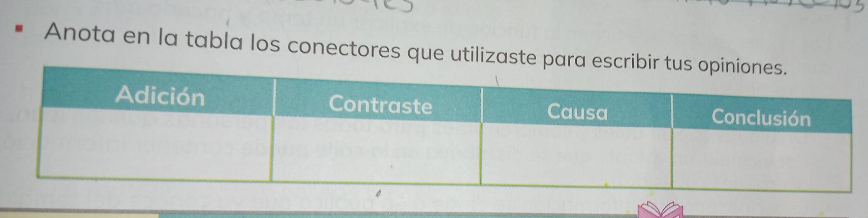 Anota en la tabla los conectores que utilizaste par