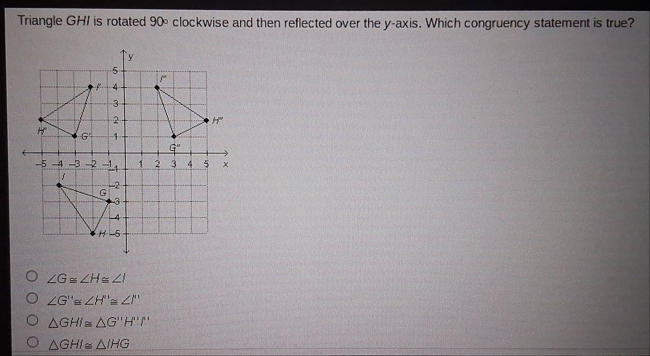 Solved: Triangle GHI is rotated 90∘ clockwise and then reflected over ...