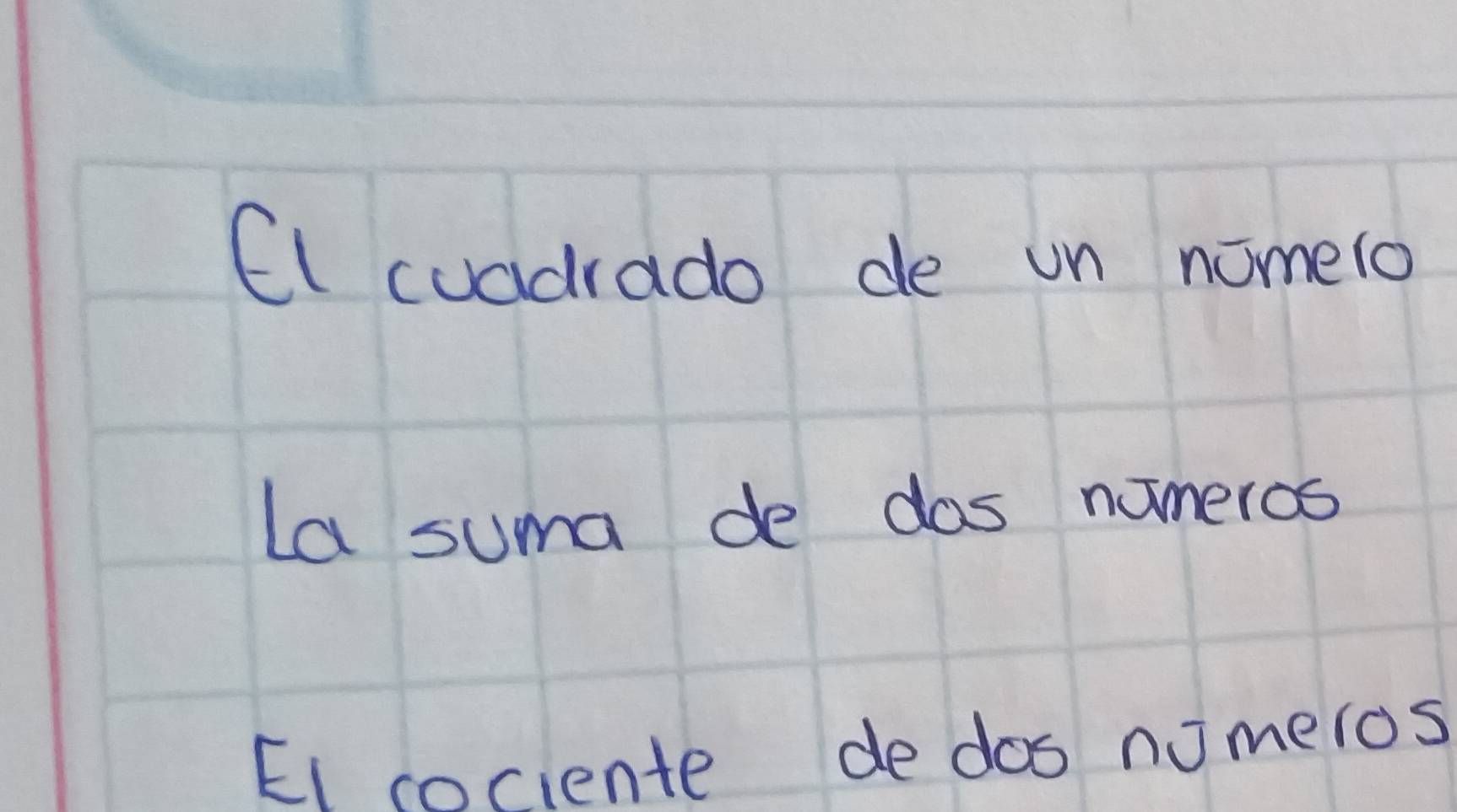 El cuadrado de un nomelo 
La suma de dos nameros 
EI cociente de dos nimeros