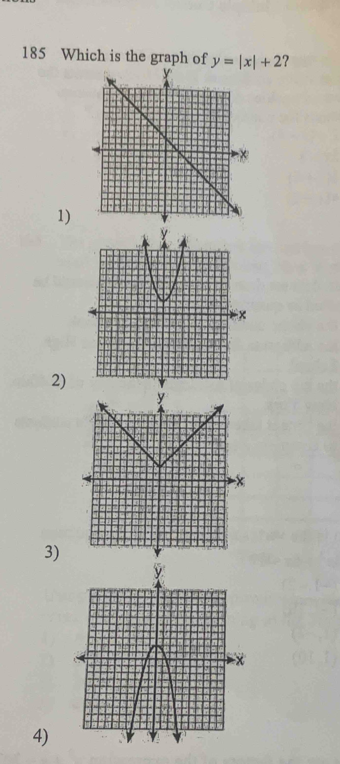 185 Which is the graph of y=|x|+2 ？ 
1) 
2) 
3) 
4)