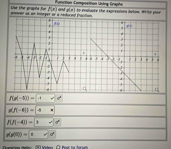 Function Composition Using Graphs
Use the graphs for f(x) and g(x) to evaluate the expressions below. Write your
answer as an integer or a reduced fraction.
f(g(-5))=|-1 u sigma^4
g(f(-6))=-5*
f(f(-4))=|3 surd sigma^6
g(g(0))=|0sqrt()|sigma^6
Question Heln : Video D Post to forum