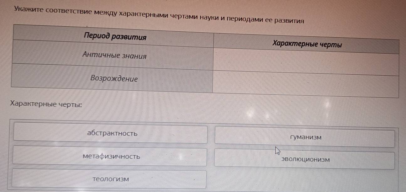 Укажките соответствие межкду характерными чертами науки и πериодами ее
Χарактерные черты:
абстрактность
гyманИзм
метафизичность эвоЛюцИонИзМ
теологизм