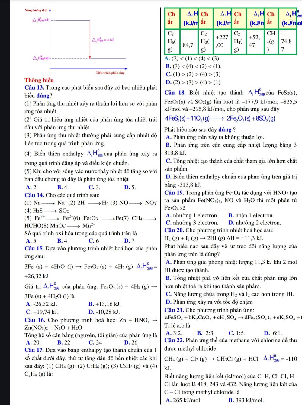 Năng lượng (k,J)
₂
△,Hyg(cd) o
,H_(255)^0=-akJ
△ _1mu _(290)^n sp
B. (3)
Tiến trình phần ứng
C. (1)>(2)>(4)>(3).
Thông hiều
D. (2)>(3)>(4)>(1).
Câu 13. Trong các phát biểu sau đây có bao nhiêu phát Câu 18. Biết nhiệt tạo thành △ _fH_(298)^0ciaFeS_2(s),
biểu đúng?
(1) Phản ứng thu nhiệt xảy ra thuận lợi hơn so với phản Fe₂O₃(s) và SO₂(g) lần lượt là −177,9 kJ/mol, −825,5
ứng tỏa nhiệt.
kJ/mol và −296,8 kJ/mol, cho phản ứng sau đây
(2) Giá trị hiệu ứng nhiệt của phản ứng tỏa nhiệt trái 4FeS_2(s)+11O_2(g)to 2Fe_2O_3(s)+8SO_2(g)
dấu với phản ứng thu nhiệt. Phát biểu nào sau đây đúng ?
(3) Phản ứng thu nhiệt thường phải cung cấp nhiệt độ A. Phản ứng trên xảy ra không thuận lợi.
liên tục trong quá trình phản ứng. B. Phản ứng trên cần cung cấp nhiệt lượng bằng 3
(4) Biến thiên enthalpy △ _rH_(298)^0 của phản ứng xảy ra 313,8 kJ.
trong quá trình đẳng áp và điều kiện chuẩn. C. Tổng nhiệt tạo thành của chất tham gia lớn hơn chất
(5) Khi cho vôi sống vào nước thấy nhiệt độ tăng so với sản phầm.
ban đầu chứng tỏ đây là phản ứng tỏa nhiệt
D. Biến thiên enthalpy chuẩn của phản ứng trên giá trị
A. 2. B. 4. C. 3. D. 5. bằng -313,8 kJ.
Câu 14. Cho các quá trình sau:
Câu 19. Trong phản ứng Fe_3O_4 tác dụng với HNO_3 tạo
(1) Nato Na^+ (2) 2H^+ _  H_2(3)NOto NO_3^(- ra sản phẩm Fe(NO_3))_3 , NO và H_2O thì một phân tử
(4) H_2Sto SO_2
Fe_3O_4shat e
(5) Fe^(3+) _ Fe^(2+)(6)Fe_2O_3to Fe(7)CH_4 A. nhường 1 electron. B. nhận 1 electron.
HCHO(8 MnO_4^(-- to Mn^2+) C. nhường 3 electron. D. nhường 2 electron.
Số quá trình oxi hóa trong các quá trình trên là Câu 20. Cho phương trình nhiệt hoá học sau:
A. 5 B. 4 C. 6 D. 7 H_2(g)+I_2(g)to 2HI (g) Delta H=+11,3kJ.
Câu 15. Dựa vào phương trình nhiệt hoá học của phản Phát biểu nào sau đây vhat e sự trao đổi năng lượng của
ứng sau: phản ứng trên là đúng?
A. Phản ứng giải phóng nhiệt lượng 11,3 kJ khi 2 mol
3Fe(s)+4H_2O(l)to Fe_3O_4(s)+4H_2 (g) △ _rH_(298)^0= HI được tạo thành.
+26,32 kJ B. Tổng nhiệt phá vỡ liên kết của chất phản ứng lớn
Giá trị △ _rH_(298)^o của phản ứng: Fe_3O_4(s)+4H_2(g)to hơn nhiệt toả ra khi tạo thành sản phẩm.
3Fe(s)+4H_2O (l) là C. Năng lượng chứa trong H_2 và I_2 cao hơn trong HI.
A. -26,32 kJ. B. +13,16 kJ. D. Phản ứng xảy ra với tốc độ chậm
C. +19,74 kJ. D. -10,28 kJ. Câu 21. Cho phương trình phản ứng:
Câu 16. Cho phương trình hoá học: Zn+HNO_3to aFeSO_4+bK_2Cr_2O_7+cH_2SO_4to dFe_2(SO_4)_3+eK_2SO_4+
Zn(NO_3)_2+N_2O+H_2O
Tiỉ lệ a:b là
Tổng hệ số cân bằng (nguyên, tối giản) của phản ứng là A. 3:2. B. 2:3. C. 1:6. D. 6:1.
A. 20 B. 22 C. 24 D. 26 Câu 22. Phản ứng thế của methane với chlorine để thu
Câu 17. Dựa vào bảng enthalpy tạo thành chuẩn của 1 được methyl chloride:
số chất dưới đây, thứ tự tăng dần độ bền nhiệt các khí CH_4(g)+Cl_2(g)to CH_3Cl(g)+HCl △ _rH_(298)^0=-110
sau đây: (1) CH4 (g); (2) C_2H_6 (g); (3) C_2H_2 (g) và (4) kJ.
C_2H_4 (g) là: Biết năng lượng liên kết (kJ/mol) của C-H, Cl-Cl, H-
Cl lần lượt là 418, 243 và 432. Năng lượng liên kết của
C - Cl trong methyl chloride là
A. 265 kJ/mol. B. 393 kJ/mol.