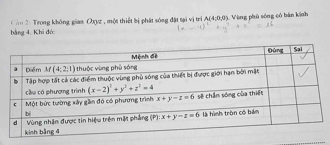 Trong không gian Oxyz , một thiết bị phát sóng đặt tại vị trí A(4;0;0). Vùng phủ sóng có bán kính
bằng 4. Khi đó: