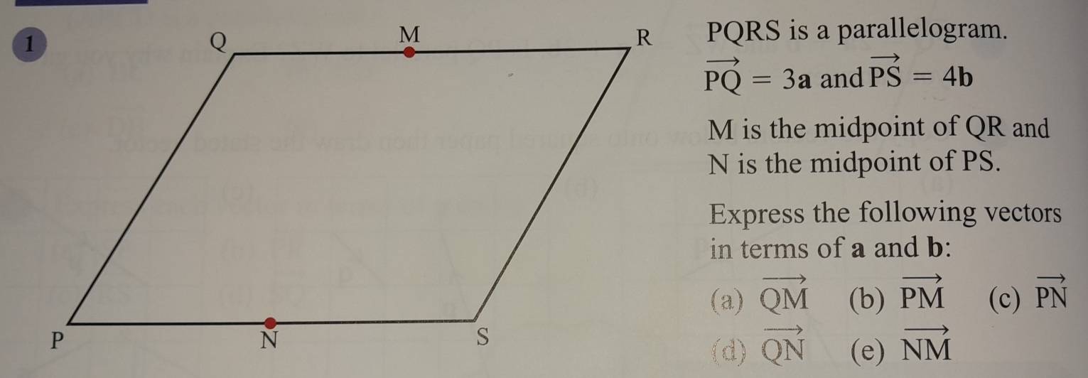 PQRS is a parallelogram.
vector PQ=3a and vector PS=4b
M is the midpoint of QR and
N is the midpoint of PS. 
Express the following vectors 
in terms of a and b : 
(a) vector QM (b) vector PM (c) vector PN
(d) vector QN (e) vector NM