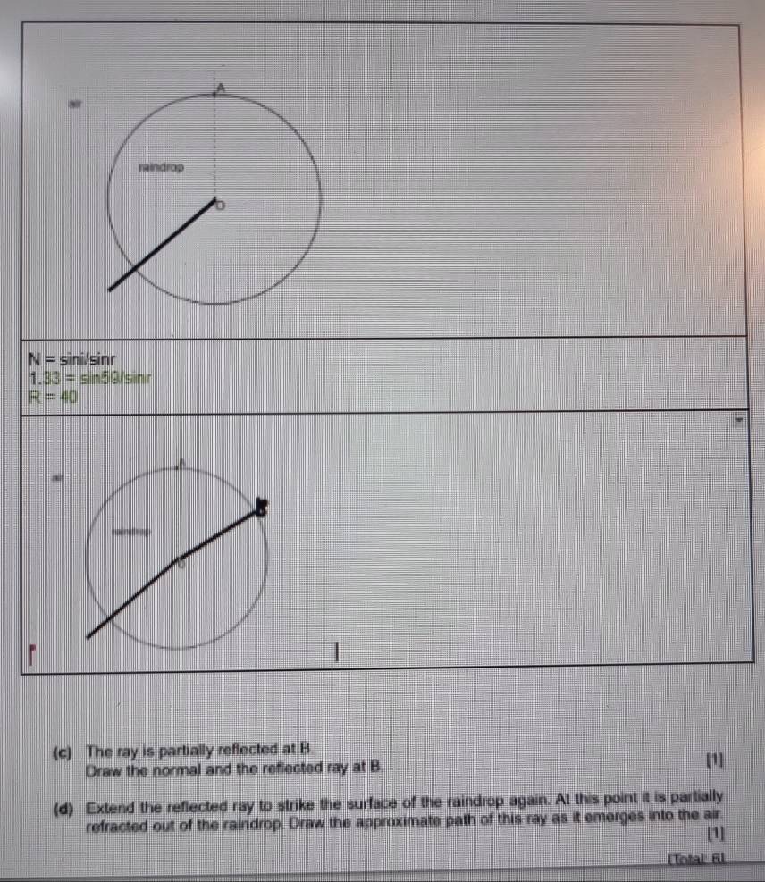 N= sini/sinr
1.33=sin 59/sin r
R=40
(c) The ray is partially reflected at B. 
Draw the normal and the reflected ray at B
[1] 
(d) Extend the reflected ray to strike the surface of the raindrop again. At this point it is partially 
refracted out of the raindrop. Draw the approximate path of this ray as it emerges into the air. 
[1] 
[Total 6l