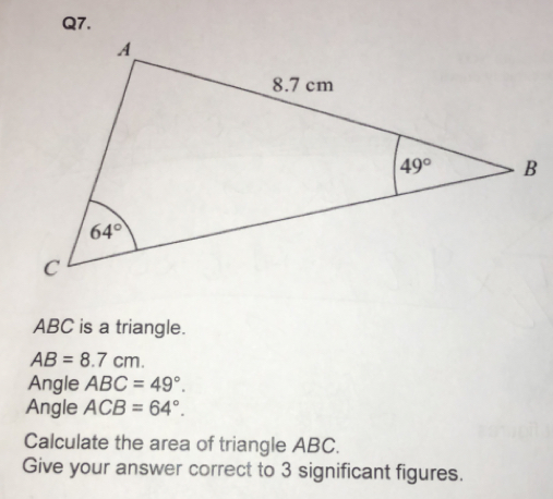 Solved: ABC is a triangle. AB=8.7cm. Angle ABC=49°. Angle ACB=64 ...