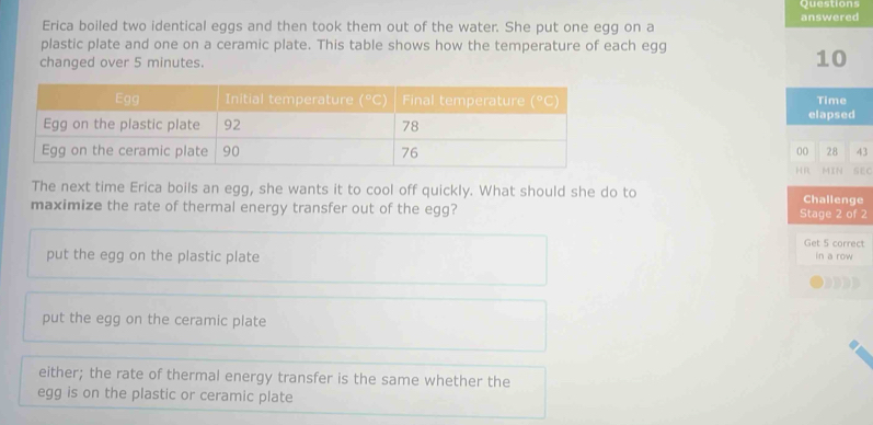 Questions
Erica boiled two identical eggs and then took them out of the water. She put one egg on a answered
plastic plate and one on a ceramic plate. This table shows how the temperature of each egg
changed over 5 minutes.
10
Time
elapsed
00 28 43
HR MIN SEC
The next time Erica boils an egg, she wants it to cool off quickly. What should she do to Challenge
maximize the rate of thermal energy transfer out of the egg? Stage 2 of 2
Get 5 correct
put the egg on the plastic plate in a row
put the egg on the ceramic plate
either; the rate of thermal energy transfer is the same whether the
egg is on the plastic or ceramic plate