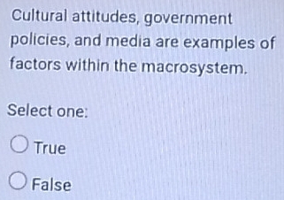 Cultural attitudes, government
policies, and media are examples of
factors within the macrosystem.
Select one:
True
False