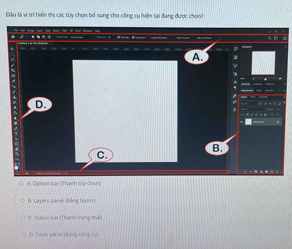 Đâu là vị trí hiến thị các tùy chọn bố sung cho công cụ hiện tại đang được chọn?
Select Fi Vew Window Hep
rece e D Art ale Contgu
Camça ML apeia
Revigafes
A.
D.
a
a
B.
C.
A. Option bar (Thanh tùy chọn)
B. Layers panel (Bảng layers)
C. Status bar (Thanh trang thái)
D. Tools panel (Bảng công cu)