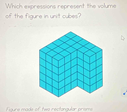 Which expressions represent the volume 
of the figure in unit cubes? 
Fiqure made of two rectangular prisms