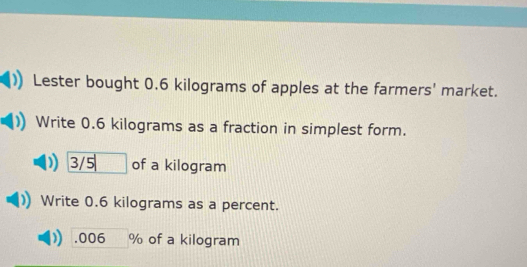 Lester bought 0.6 kilograms of apples at the farmers' market. 
Write 0.6 kilograms as a fraction in simplest form.
3/5 of a kilogram
Write 0.6 kilograms as a percent. 
. 006 % of a kilogram