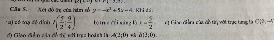 Q(1,0) P(-3,6). 
Câu 5. Xét đồ thị của hàm số y=-x^2+5x-4. Khi đó: 
a) có toạ độ đỉnh I( 5/2 ; 9/4 ) b) trục đối xứng là x= 5/2 . c) Giao điểm của đồ thị với trục tung là C(0;-4
d) Giao điểm của đồ thị với trục hoành là A(2;0) và B(3;0).