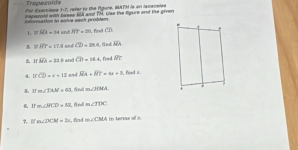 Solved: Trapezoids For Exercises 1-7, refer to the figure. MATH is an ...