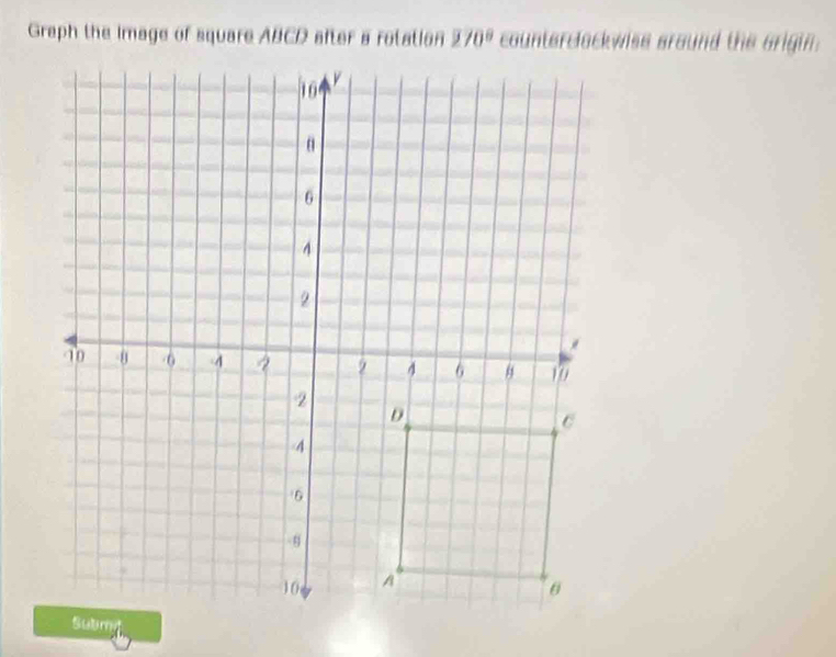 Graph the image of square ABCD after a rotation 270° counterclackwiss around the arigin.