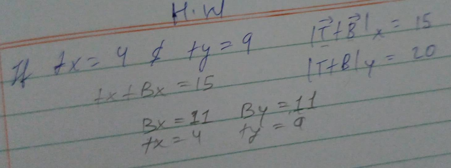 w
1vector I+vector B|x=15
fx=4 $ _ - +y=9
/T+B/y=20
7x+Bx=15 By=11
Bx=11 ty'=a
+x=4