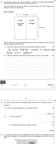 The scientists marked out an area. 16 matses × 16 mates, on which manry Himalayan 
belsam otants were crawing and were eventy discributed. 
They then applied the fungus to half of the section (part A). They cld not spory ar 
Pian of fiold triel 
quadrat sampling in parts A and B. After six weeks, the scientists estinated the total number of Himaayan balsam plants try 
Shrte wty it was important that the quadnsts were placed at random. 
_ 
_ 
(ii) Describe a sampiling technique they would carry out, using 1m^2 quaduats
15 Turn aver. 15/2
18
yo For part A, the sotal number of Hinalayan talsam plams found is 12 quadrats was 36
Calculane 
() the reaan number of plants per 1m^2 quadrat in part A. 
_plants 1m^3
()() 1. the area of part A 
_ n^2
lthe estinuated socal nummber of plants in part A N 
pluunts 
(d) The scientists carried out their ineestigation a further 5 times to be confident that their 
results were repeatable. The mean resultbs of all their invealigations are shown in the bar churt.