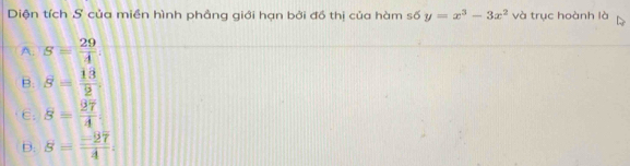 Diện tích S của miền hình phảng giới hạn bởi đồ thị của hàm số y=x^3-3x^2 và trục hoành là
A. S= 29/4 
B. S= 13/2 
E. S=frac =frac 2overline 74
D: B= (-27)/4 .