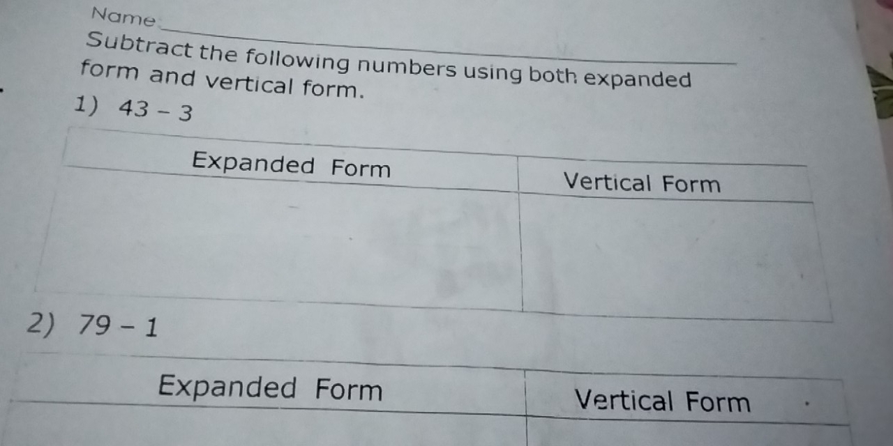 Name
Subtract the following numbers using both expanded
form and vertical form.
1) 43-3
Expanded Form Vertical Form