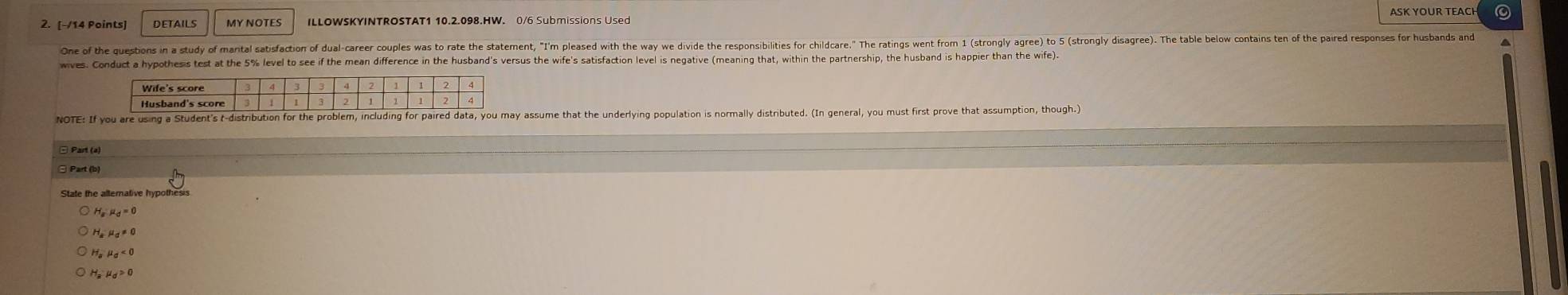 DETAILS MY NOTES ILLOWSKYINTROSTAT1 10.2.098.HW. 0/6 Submissions Used
One of the questions in a study of mantal satisfaction of dualcareer couples was to rate the statement, T'm pleased with the way we divide the responsibilties for childcare. The ratins won fom (stronly gree to (stronly isagre. The tae be 
wives. Conduct a hypothesis test at the 5% level to see if the mean difference in the husband's versus the wife's satisfaction level is negative (meaning that, within the partnership, the husband is happier than the wife).
NOTE: If you are using a Student's r-distribution for the problem, including for paired assume that the underlying population is normally distributed. (In general, you must first prove that assumption, though.)
□ Part (4)
⊙ Part (b)
State the altemative hypothesis
H mu _d=0
H_amu _0<0</tex>
H_a>0