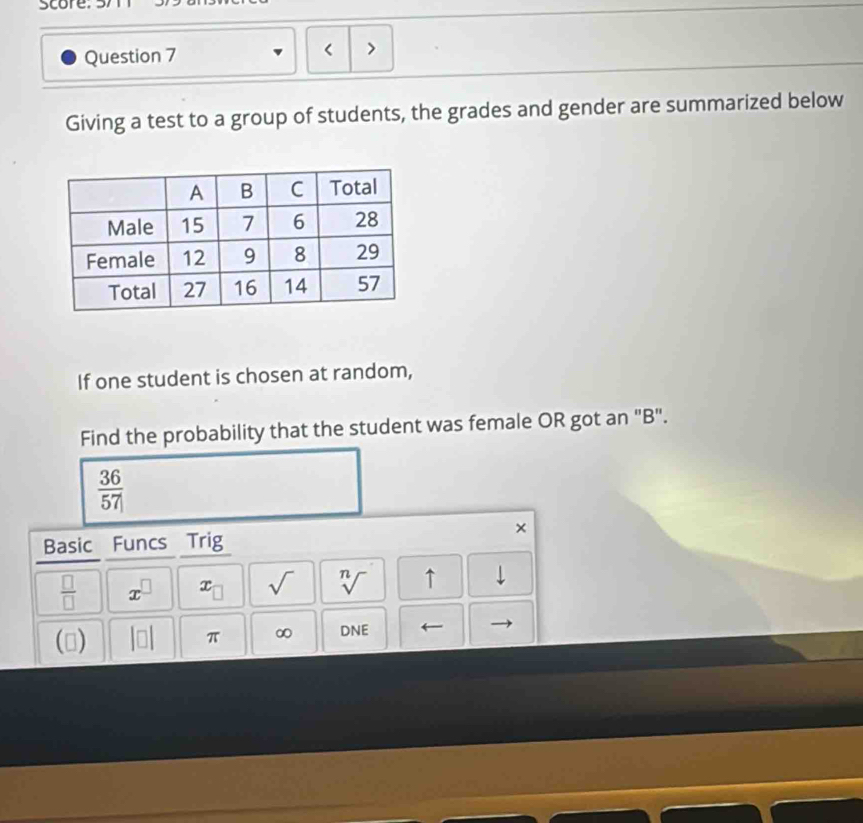 Score: 57 
Question 7 > 
Giving a test to a group of students, the grades and gender are summarized below 
If one student is chosen at random, 
Find the probability that the student was female OR got an "B".
 36/57 
× 
Basic Funcs Trig
 □ /□   x^(□) x_□  sqrt() sqrt[n]() ↑ downarrow 
() □ | π ∞ DNE