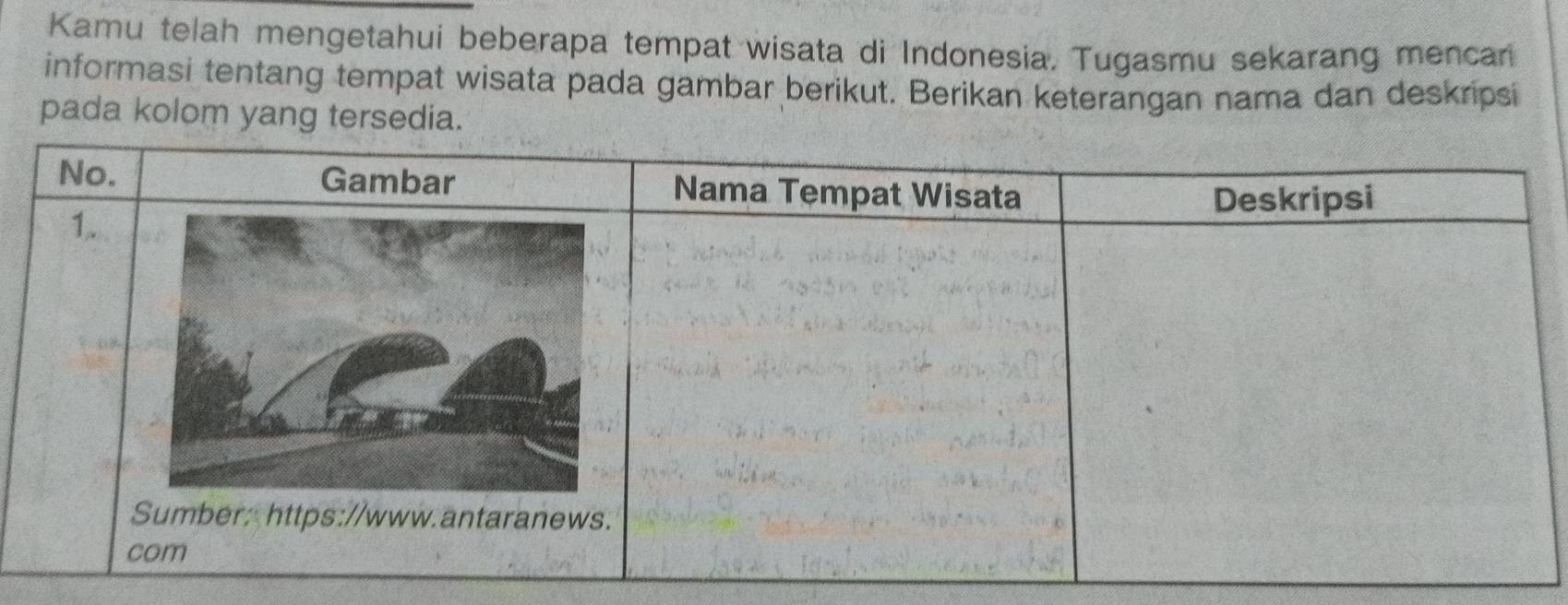 Kamu telah mengetahui beberapa tempat wisata di Indonesia, Tugasmu sekarang mencar 
informasi tentang tempat wisata pada gambar berikut. Berikan keterangan nama dan deskripsi 
pada kolom yang tersedia.