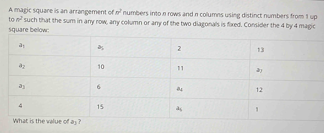 A magic square is an arrangement of n^2 numbers into n rows and n columns using distinct numbers from 1 up
to n^2 such that the sum in any row, any column or any of the two diagonals is fixed. Consider the 4 by 4 magic
square below: