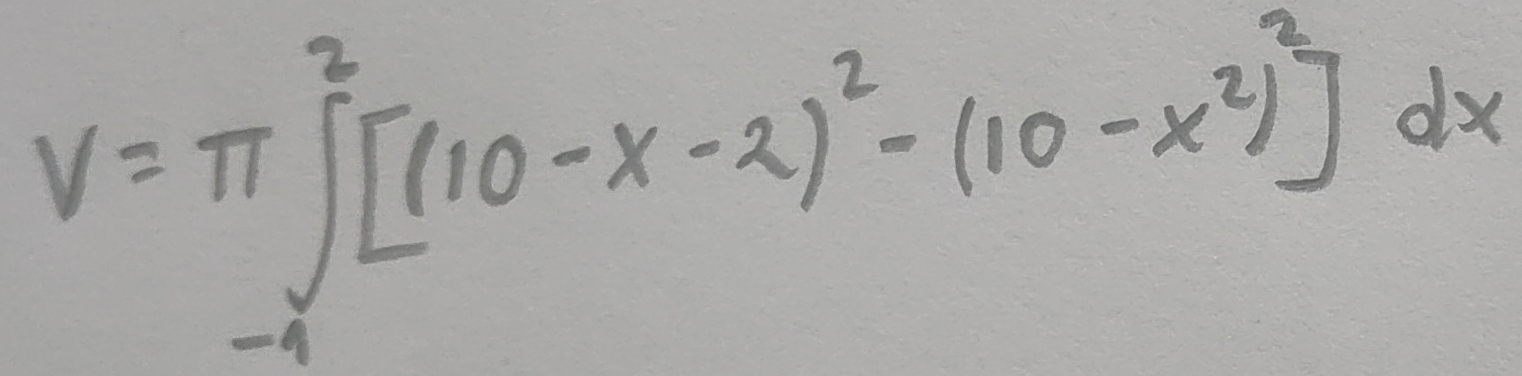 V=π ∈tlimits _(-4)^2[(10-x-2)^2-(10-x^2)^2]dx