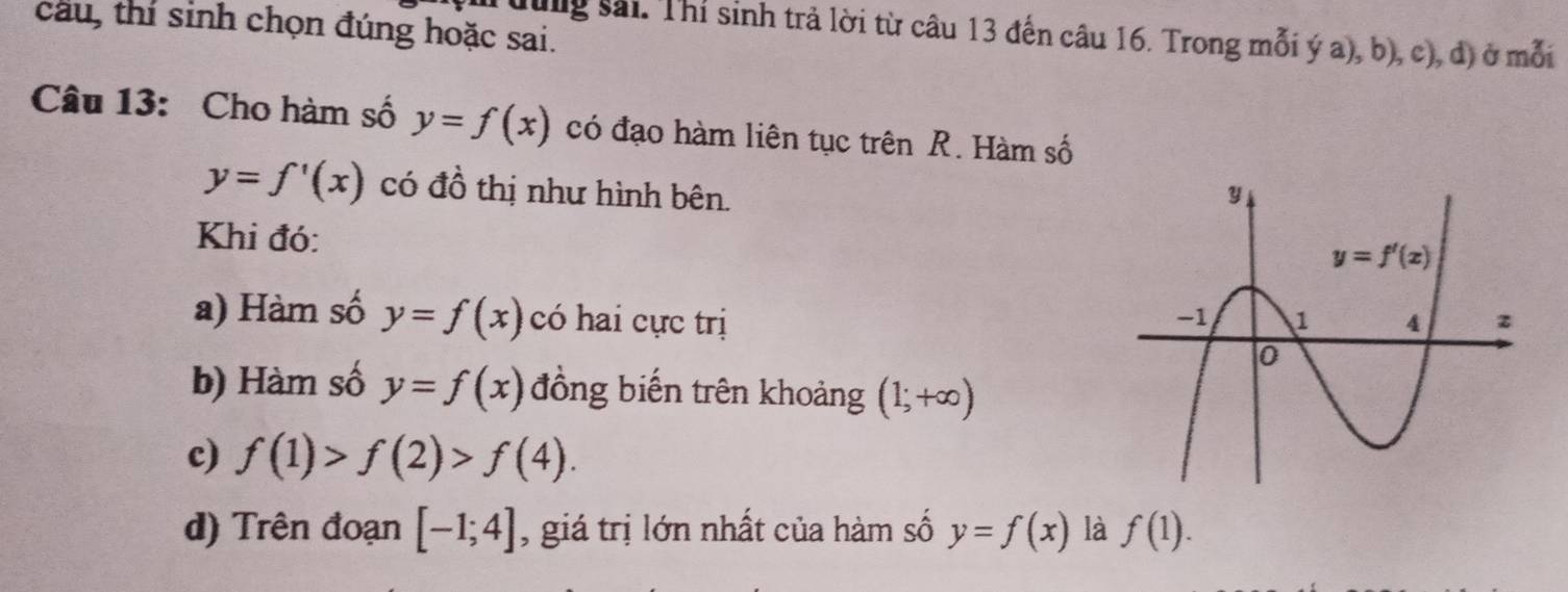 cầu, thí sinh chọn đúng hoặc sai.
dung sải: Thí sinh trả lời từ câu 13 đến câu 16. Trong mỗi ý a), b), c), d) ở mỗi
Câu 13: Cho hàm số y=f(x) có đạo hàm liên tục trên R. Hàm số
y=f'(x) có đồ thị như hình bên. 
Khi đó:
a) Hàm số y=f(x) có hai cực trị 
b) Hàm số y=f(x) đồng biến trên khoảng (1;+∈fty )
c) f(1)>f(2)>f(4).
d) Trên đoạn [-1;4] , giá trị lớn nhất của hàm số y=f(x) là f(1).