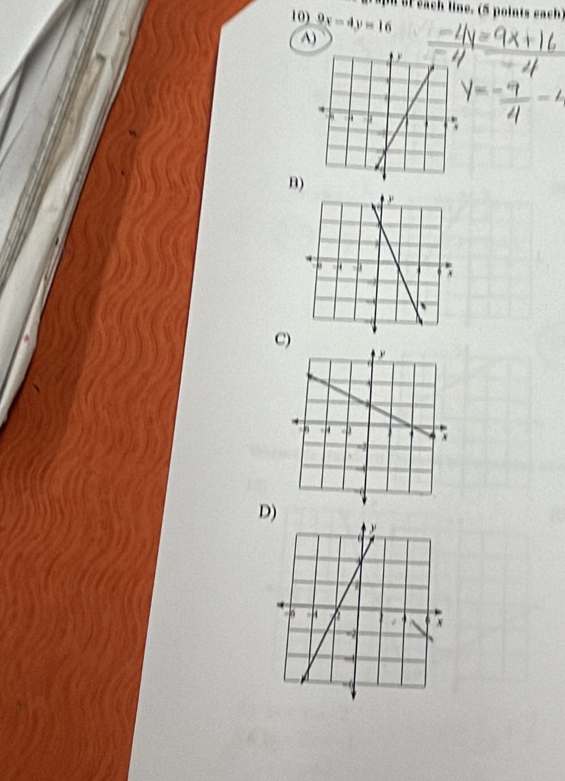 a of each line. (5 points each) 
10) 9x-4y=16
A) 
B) 
C) 
D)