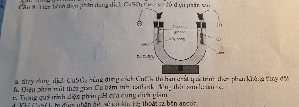 Trong qu a 
Câu 9. Tiển hành điện phân dung dịch CuSO₄ theo sơ đồ điện phân sau: 
a. thay dung dịch CuSO_4 bằng dung dịch CuCl_2 thì bản chất quá trình điện phân không thay đối. 
b. Điện phân một thời gian Cu bám trên cathode đồng thời anode tan ra. 
c. Trong quá trình điện phân pH của dung dịch giảm 
Khi CuSO: bị điện phân hết sẽ có khí H_2 thoát ra bên anode.