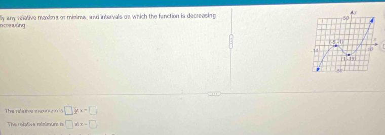 lfy any relative maxima or minima, and intervals on which the function is decreasing 
ncreasing.
  
The relative maximum is □ itx=□
The relative minimum is □ atx=□