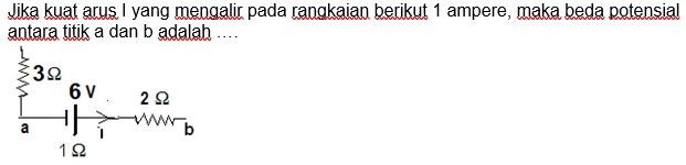 Jika kuat arus I yang mengalir pada rangkaian berikut 1 ampere, maka beda potensial 
antara titik a dan b adalah ....