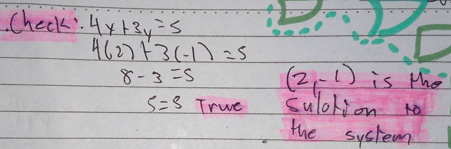 Check: 4x+3y=5
4(2)+3(-1)=5
(2,-1)
8-3=5 is tho
5=5 True sulokjon to 
the system