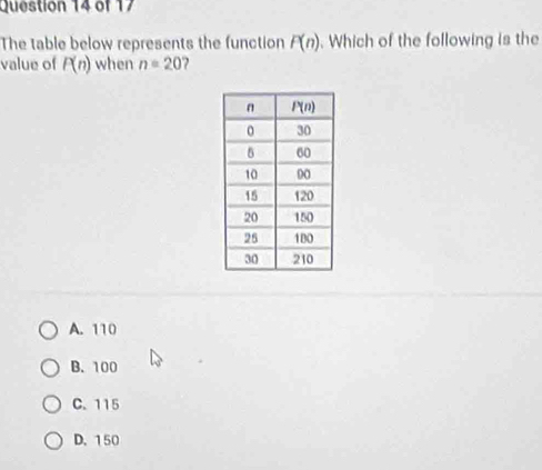 The table below represents the function F(n). Which of the following is the
value of P(n) when n=20
A. 110
B. 100
C. 115
D. 150