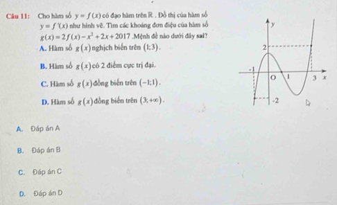 Cho hàm số y=f(x) có đạo hàm trên R. Đồ thị của hàm số
y=f'(x) như hình vẽ. Tìm các khoáng đơn điệu của hàm số
g(x)=2f(x)-x^2+2x+2017.Mệnh đề nào dưới đây sai?
A. Hàm số g(x) Inghịch biến trên (1;3).
B. Hàm số g(x) có 2 điểm cực trị đại.
C. Hàm số g(x) đồng biến trên (-1:1).
D. Hàm số g(x) đồng biến trên (3,+∈fty ).
A. Đáp án A
B. Đáp án B
C. Đáp án C
D. Đáp án D