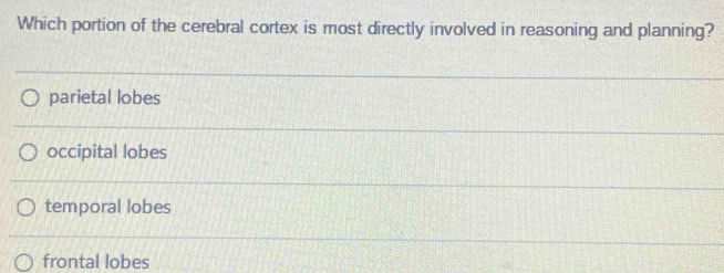 Which portion of the cerebral cortex is most directly involved in reasoning and planning?
parietal lobes
occipital lobes
temporal lobes
frontal lobes