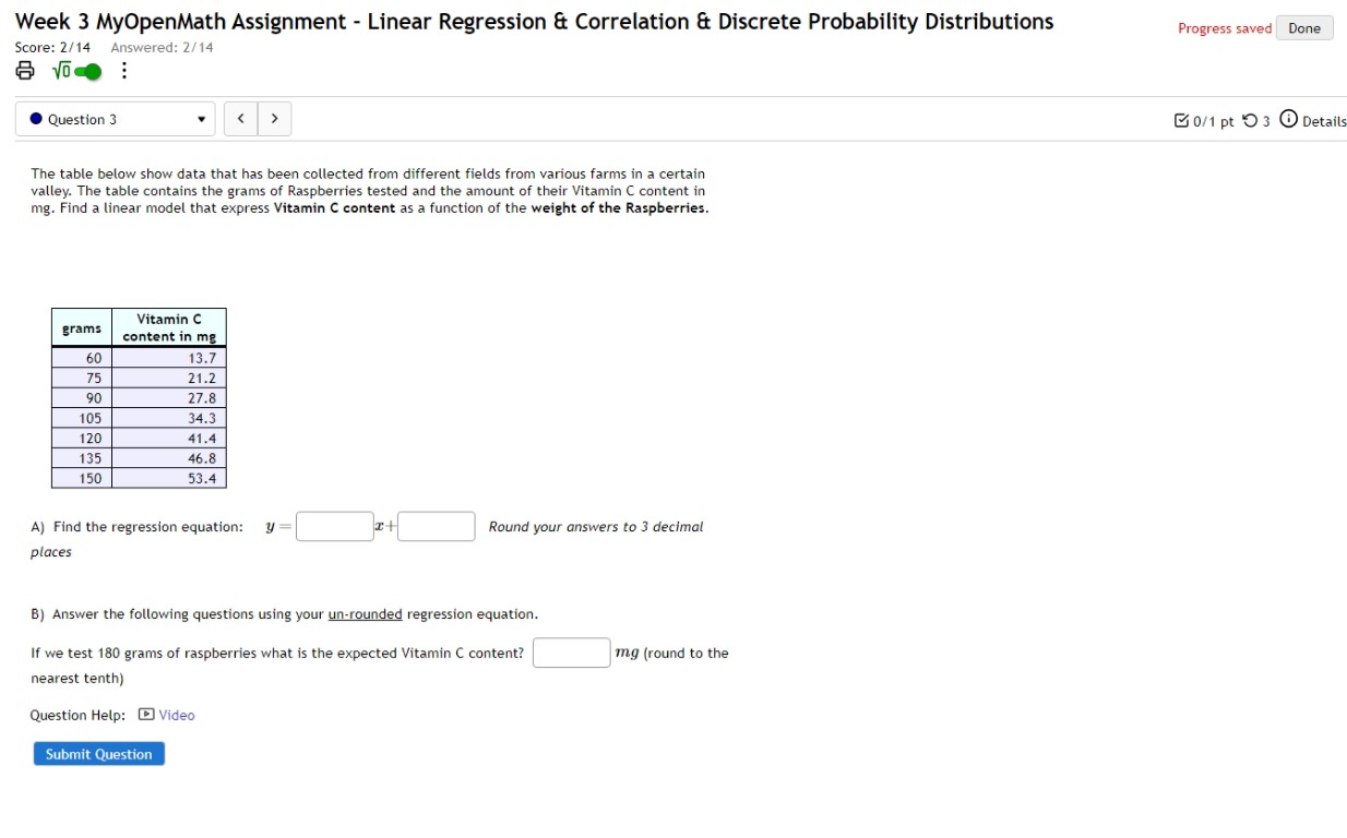Week 3 MyOpenMath Assignment - Linear Regression & Correlation & Discrete Probability Distributions Progress saved Done 
Score: 2/14 Answered: 2/14 
sqrt(0) 
Question 3 r > □0/1 pt つ 3 Details 
The table below show data that has been collected from different fields from various farms in a certain 
valley. The table contains the grams of Raspberries tested and the amount of their Vitamin C content in
mg. Find a linear model that express Vitamin C content as a function of the weight of the Raspberries. 
A) Find the regression equation: y=□ x+□ Round your answers to 3 decimal 
places 
B) Answer the following questions using your un-rounded regression equation. 
If we test 180 grams of raspberries what is the expected Vitamin C content? □ mg (round to the 
nearest tenth) 
Question Help: ) Video 
Submit Question