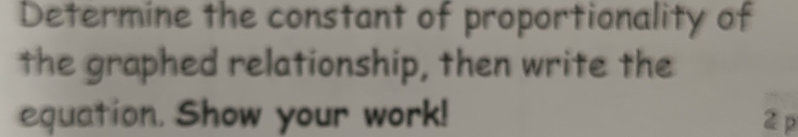 Determine the constant of proportionality of 
the graphed relationship, then write the 
equation. Show your work! 2 p