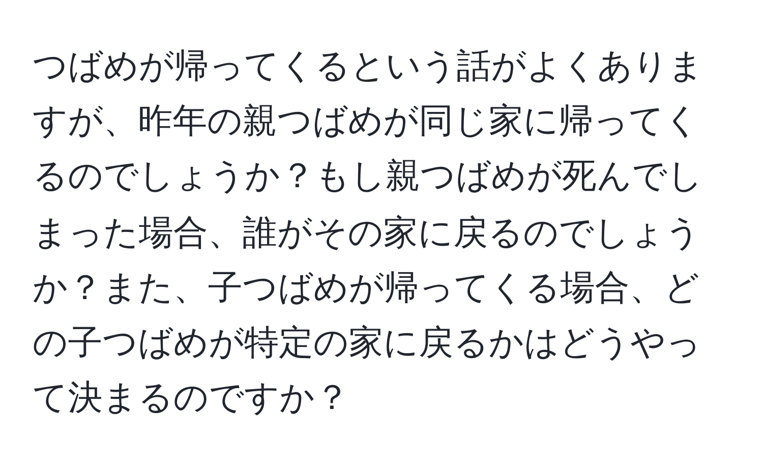 つばめが帰ってくるという話がよくありますが、昨年の親つばめが同じ家に帰ってくるのでしょうか？もし親つばめが死んでしまった場合、誰がその家に戻るのでしょうか？また、子つばめが帰ってくる場合、どの子つばめが特定の家に戻るかはどうやって決まるのですか？