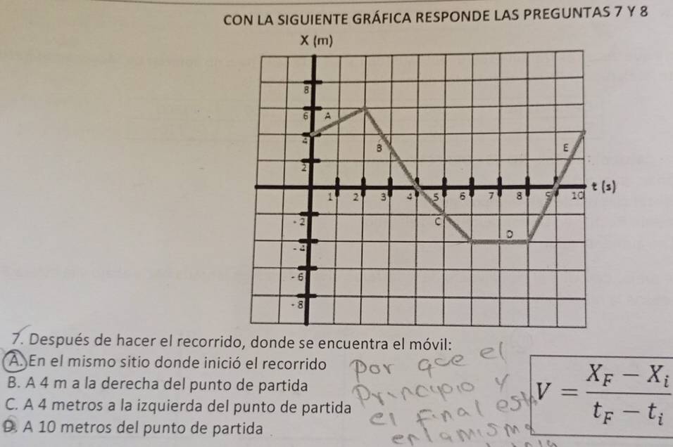 CON LA SIGUIENTE GRÁFICA RESPONDE LAS PREGUNTAS 7 γ 8
7. Después de hacer el recorrido, donde se encuentra el móvil:
A. En el mismo sitio donde inició el recorrido
B. A 4 m a la derecha del punto de partida
C. A 4 metros a la izquierda del punto de partida
D. A 10 metros del punto de partida
V=frac X_F-X_it_F-t_i