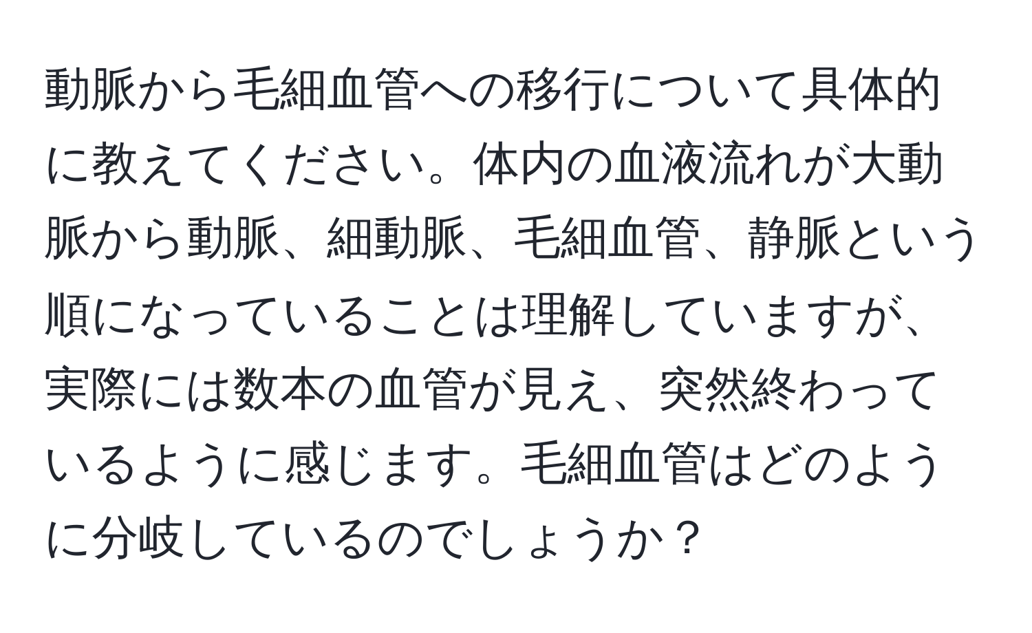 動脈から毛細血管への移行について具体的に教えてください。体内の血液流れが大動脈から動脈、細動脈、毛細血管、静脈という順になっていることは理解していますが、実際には数本の血管が見え、突然終わっているように感じます。毛細血管はどのように分岐しているのでしょうか？