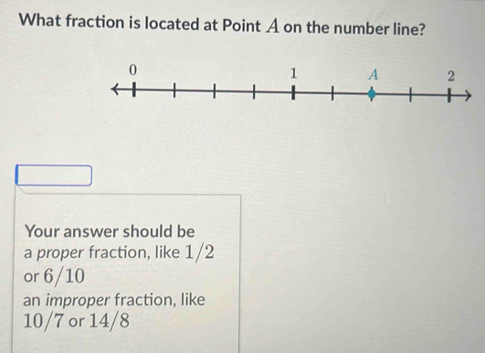 What fraction is located at Point A on the number line? 
Your answer should be 
a proper fraction, like 1/2
or 6/10
an improper fraction, like
10/7 or 14/8